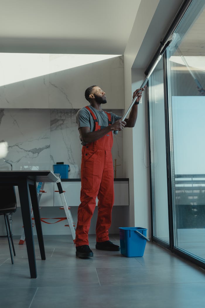 Crafting Captivating Headlines: Your awesome post title goes here A man in coveralls cleans a large window in a stylish, modern home interior.